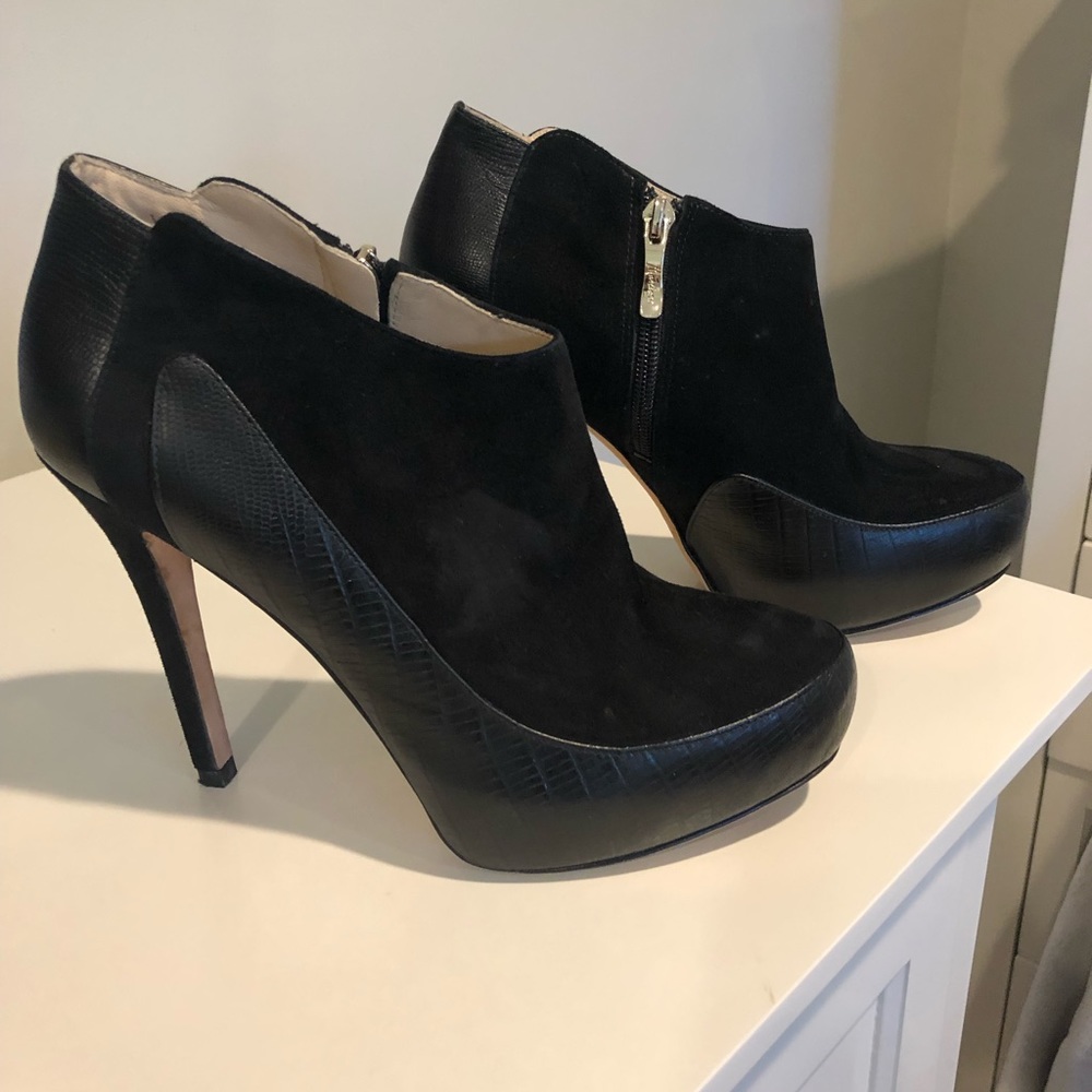 black suede/leather heel ankle boots.